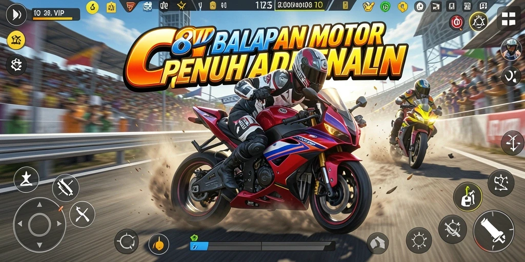Tampilan gameplay C8VIP menampilkan balapan motor yang mendebarkan.