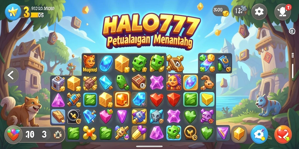 Tampilan gameplay <strong>HALO777</strong> yang menarik dan penuh warna dalam match-3.