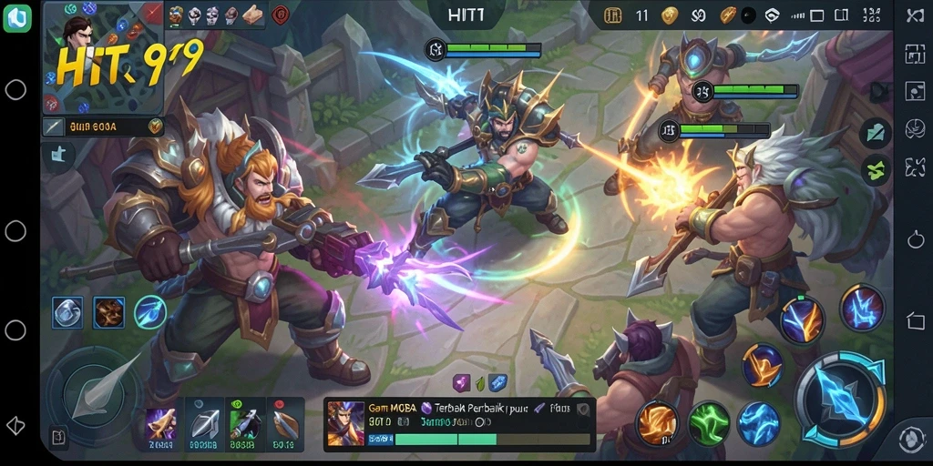 Screenshot HIT9 menunjukkan aksi pertarungan MOBA yang intens dan mendebarkan.