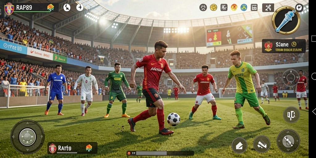 Tampilan gameplay seru dalam RAP89 yang menggambarkan aksi sepak bola.