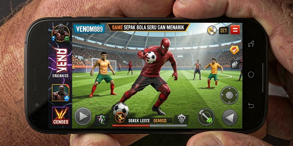 Screenshot utama menampilkan gameplay seru dalam pertandingan sepak bola.
